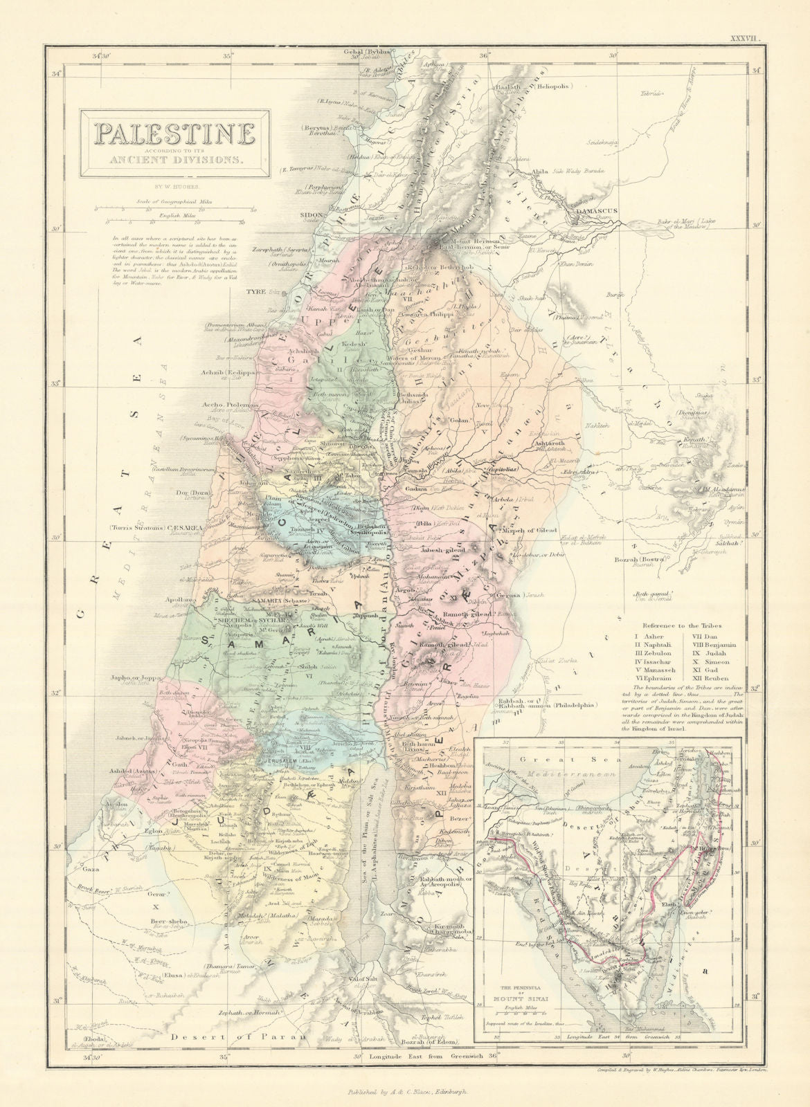Palestine with its ancient divisions. Inset Sinai peninsula. HUGHES 1854 map